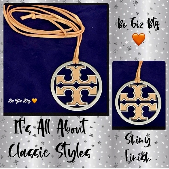 🆕 Authentic Tory Burch Silver & Coral Leather Logo With Coral Leather Necklace